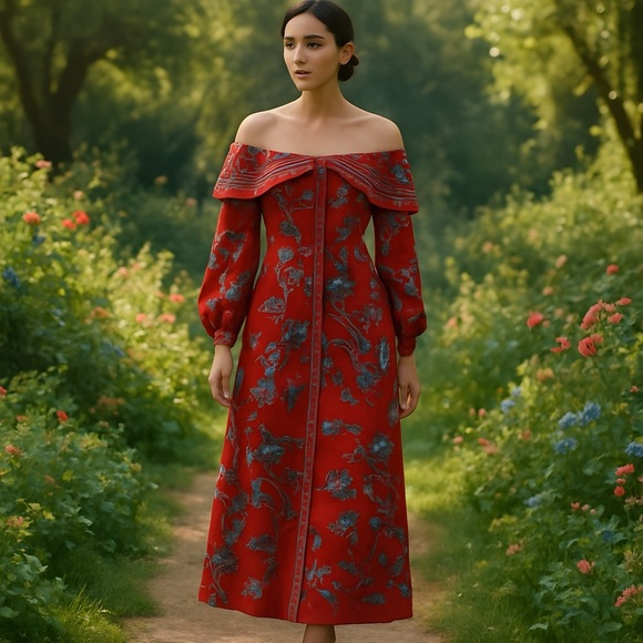 Ivory Peony Ruched Gown - Picture 2 of 7